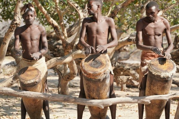 Tribe men playing their percussion instruments in Rundu, Kavango, Namibia.