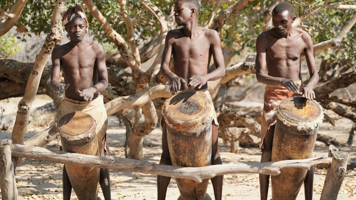 Tribe men playing their percussion instruments in Rundu, Kavango, Namibia.
